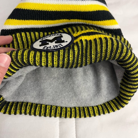 Knit and fleece blue, yellow, and white striped University of Michigan beanie - Picture 5 of 5